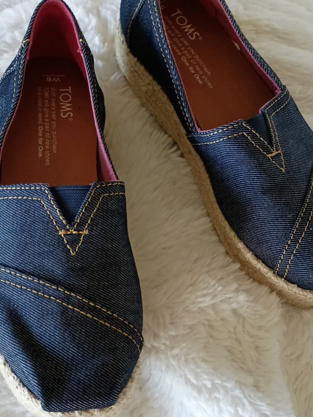 TOMS Denim Espadrille Platform Slip-Ons with Pink Lining NWOT